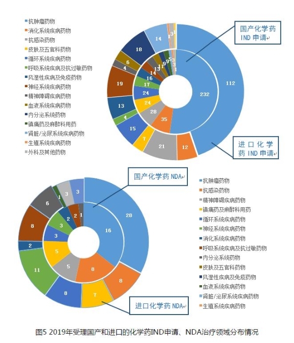 圖5 2019年受理國產(chǎn)和進(jìn)口的化學(xué)藥IND申請、NDA治療領(lǐng)域分布情況