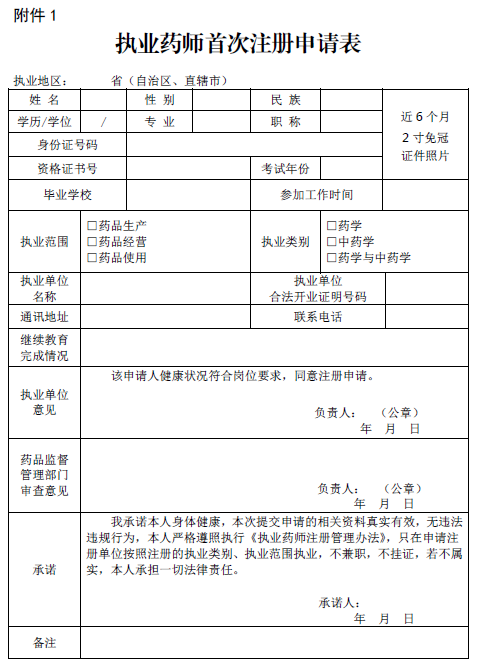 執(zhí)業(yè)藥師首次注冊申請表